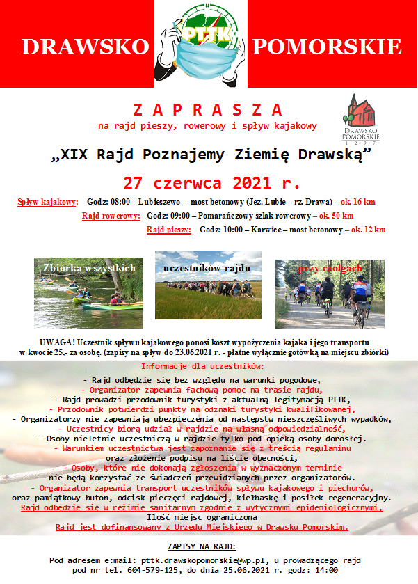 Plakat dotyczący rajdu pieszgo, rowerowego i spływu kajakowego w dniu 27 czerwca 2021 roku 