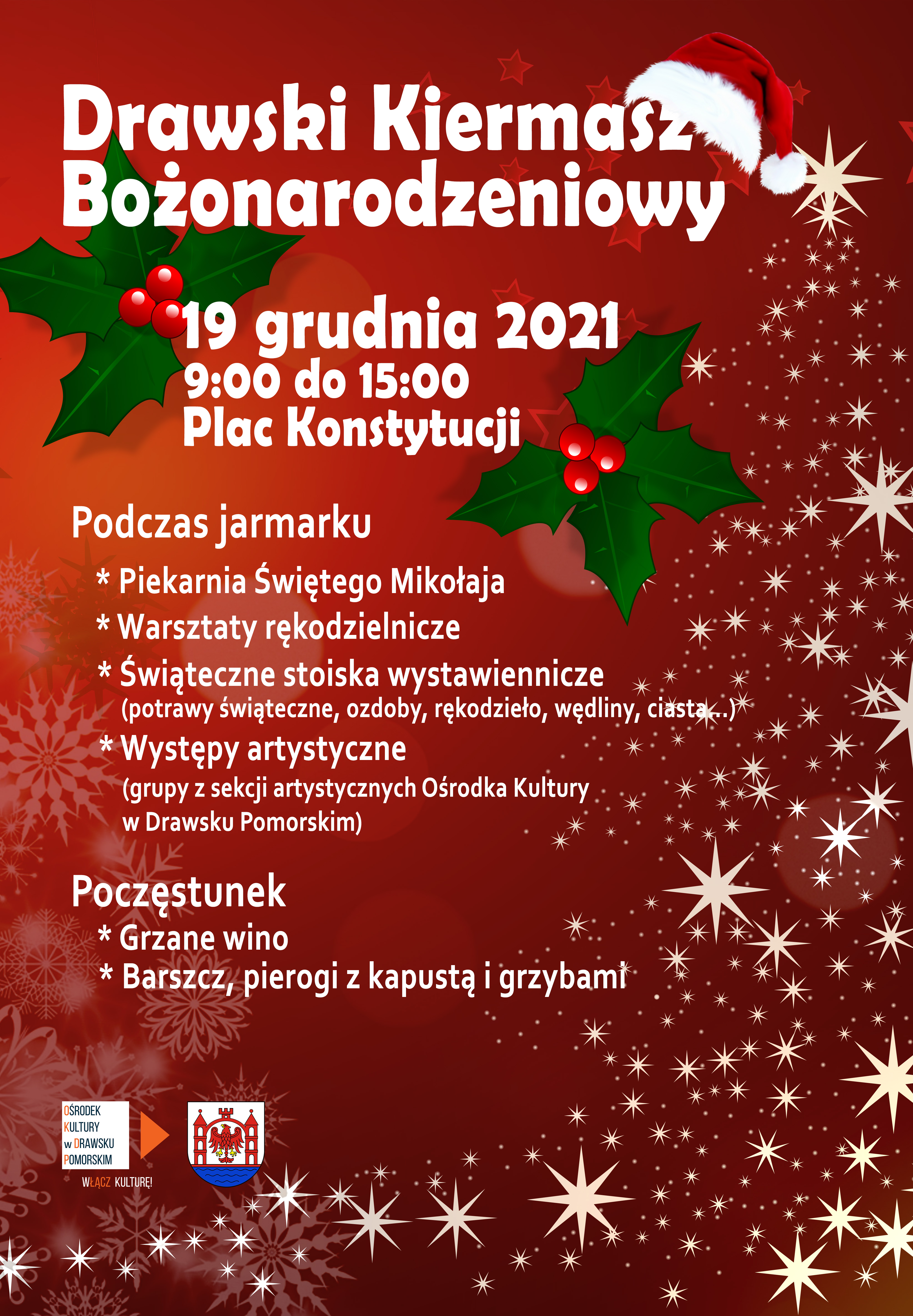 Plakat dotyczący Drawskiego Kiermaszu Bożonarodzeniowego.