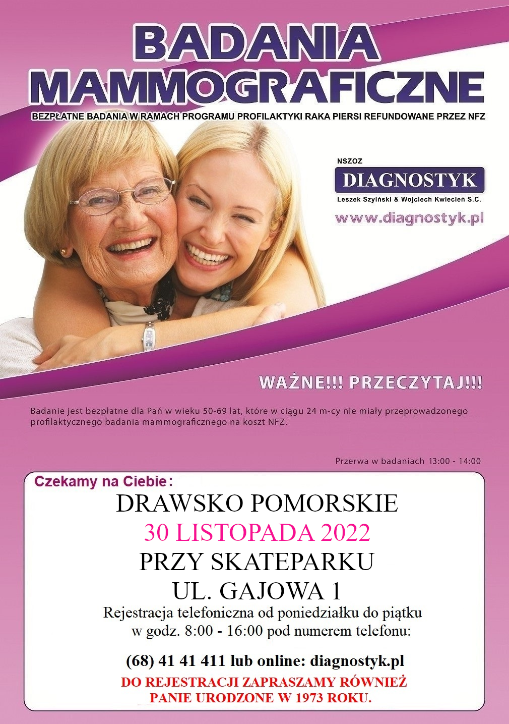 Plakat dotyczący bezpłatnej mammografii