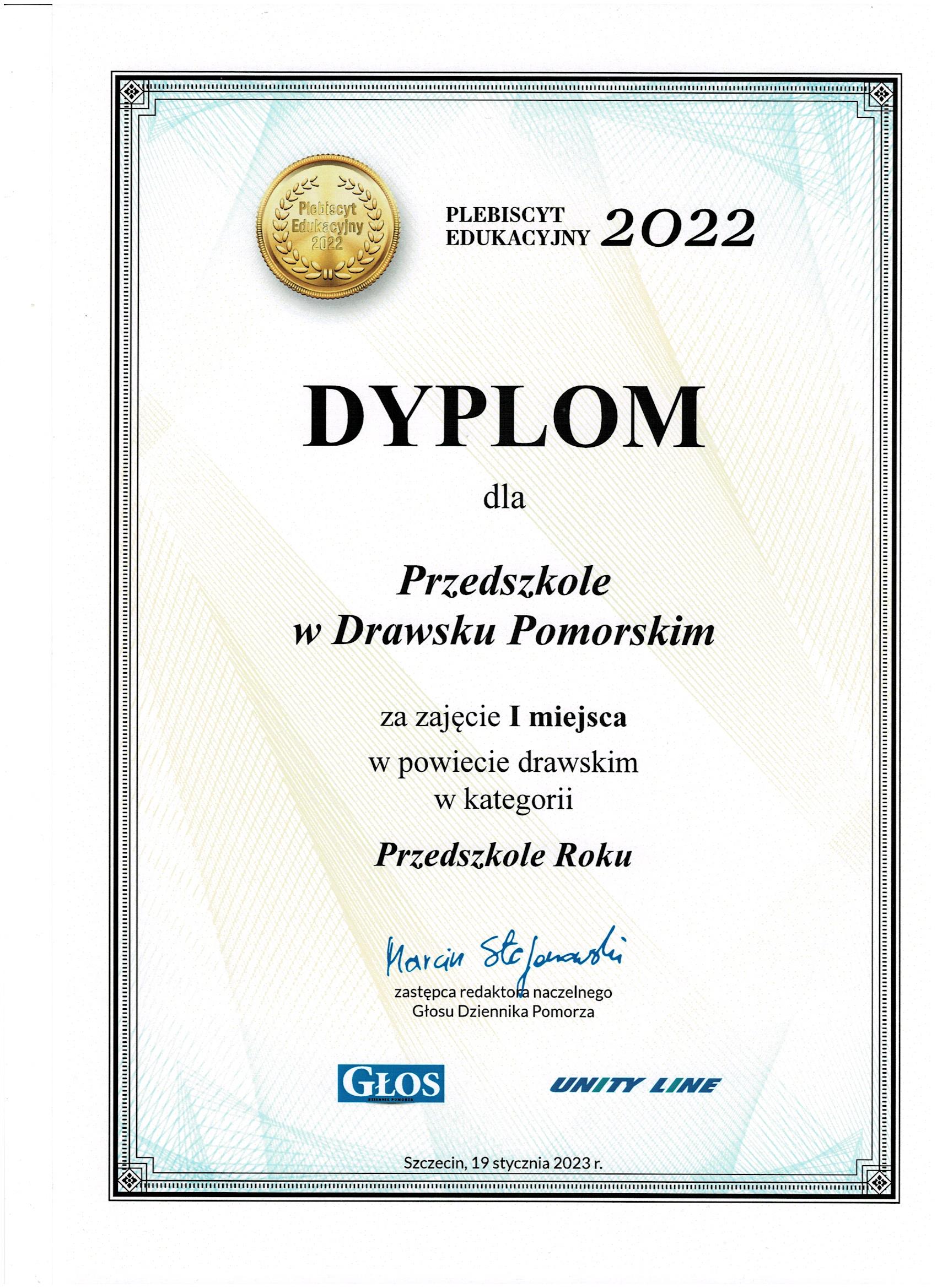 Dyplom dla drawskiego przedszkola w Ogólnopolskim Plebiscycie Edukacyjnym 2022