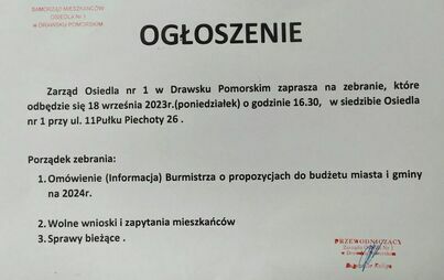 Zdjęcie do Zarząd Osiedla nr 1 w Drawsku Pomorskim zaprasza na zebranie