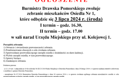 Zdjęcie do Burmistrz Drawska Pomorskiego zwołuje  zebranie mieszkańc&oacute;w Osiedla Nr 1 i Osiedla nr 2