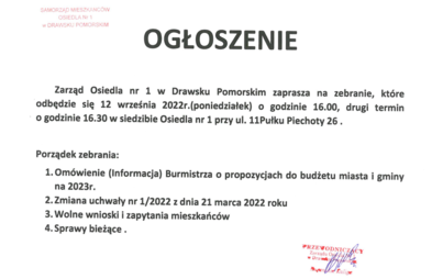 Zdjęcie do Zarząd Osiedla nr 1 w Drawsku Pomorskim zaprasza na zebranie