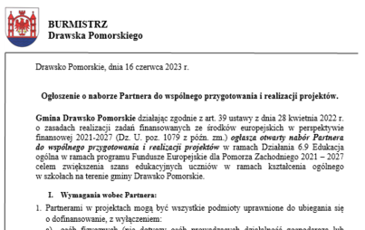 Zdjęcie do Informacja o wyborze Partnera do wsp&oacute;lnego przygotowania i realizacji projekt&oacute;w.towania i realizacji projekt&oacute;w.